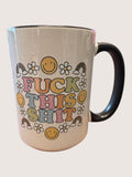 Mug with colorful text and smiley faces on a white background