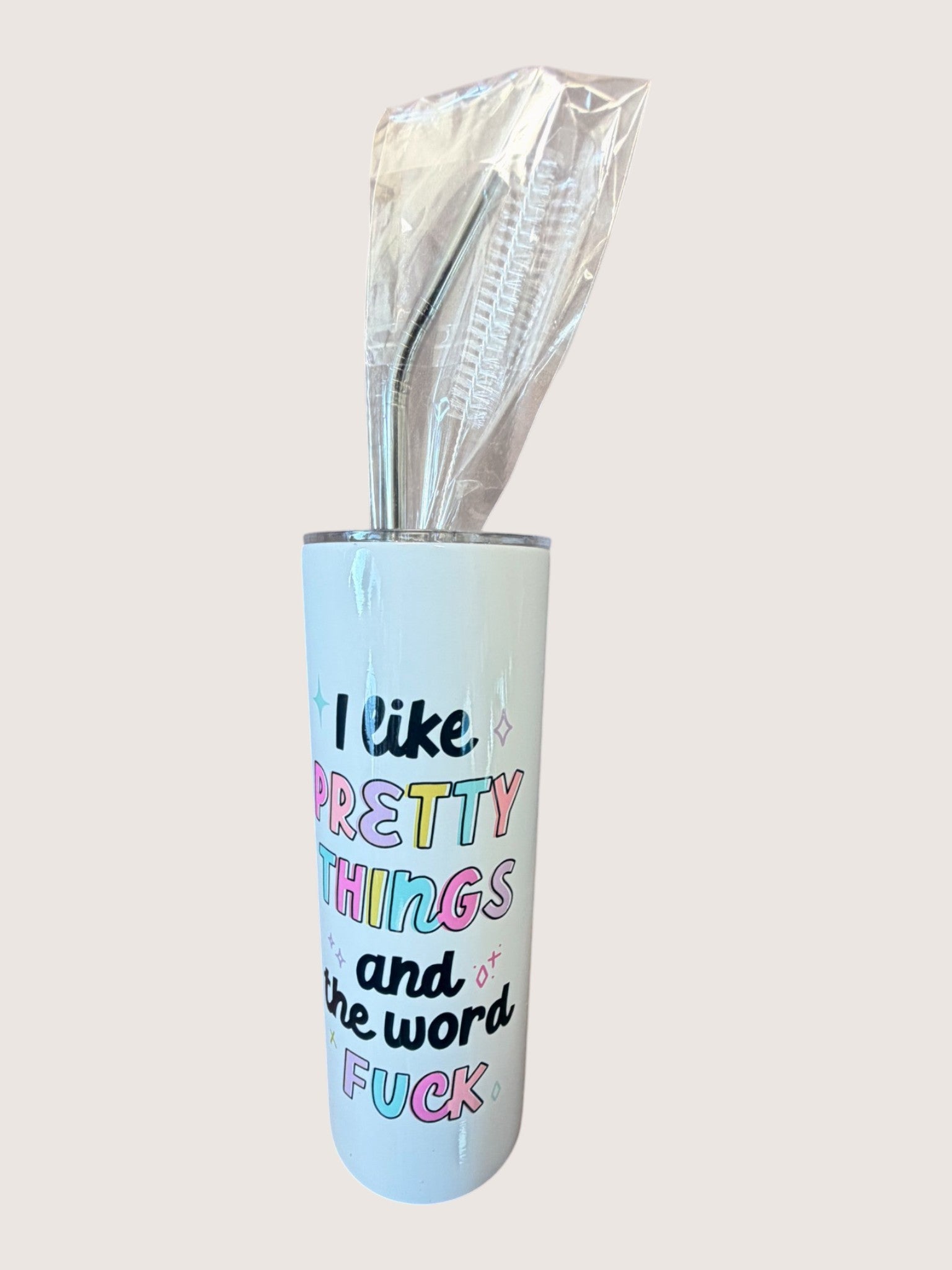 Tumbler with text on a white background