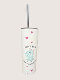 Tumbler with cartoon dinosaur design and text on a white background