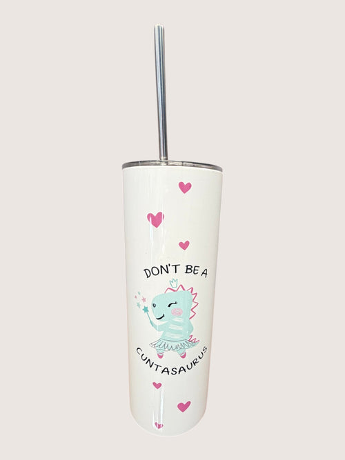 Tumbler with cartoon dinosaur design and text on a white background