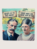 Vintage-style illustration Coaster of a man and woman with humorous text above their heads.