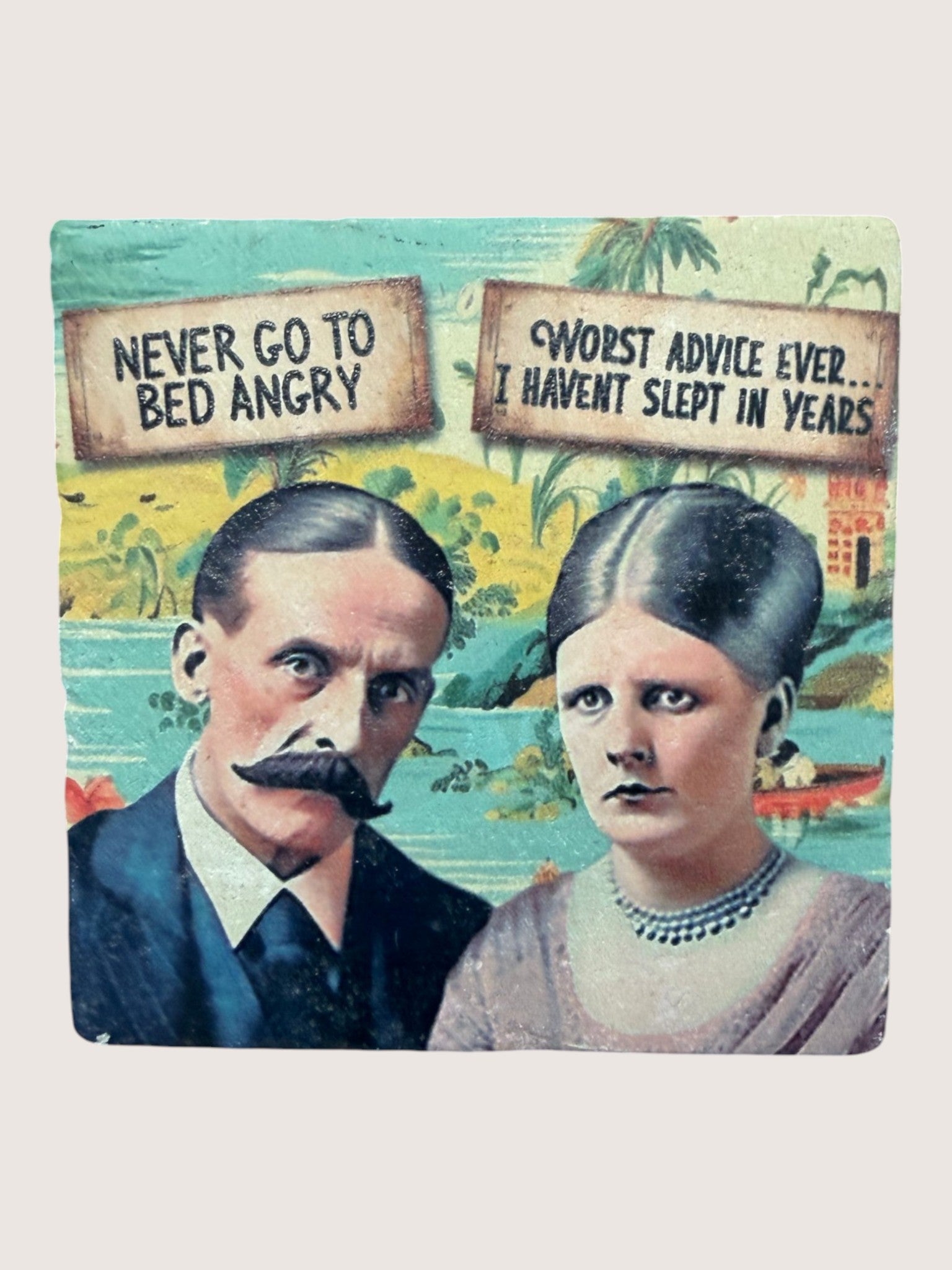Vintage-style illustration Coaster of a man and woman with humorous text above their heads.