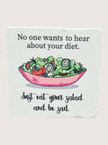 Coaster with Cartoon salad bowl with humorous text on a light background
