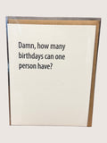 Card with humorous birthday text on a plain background