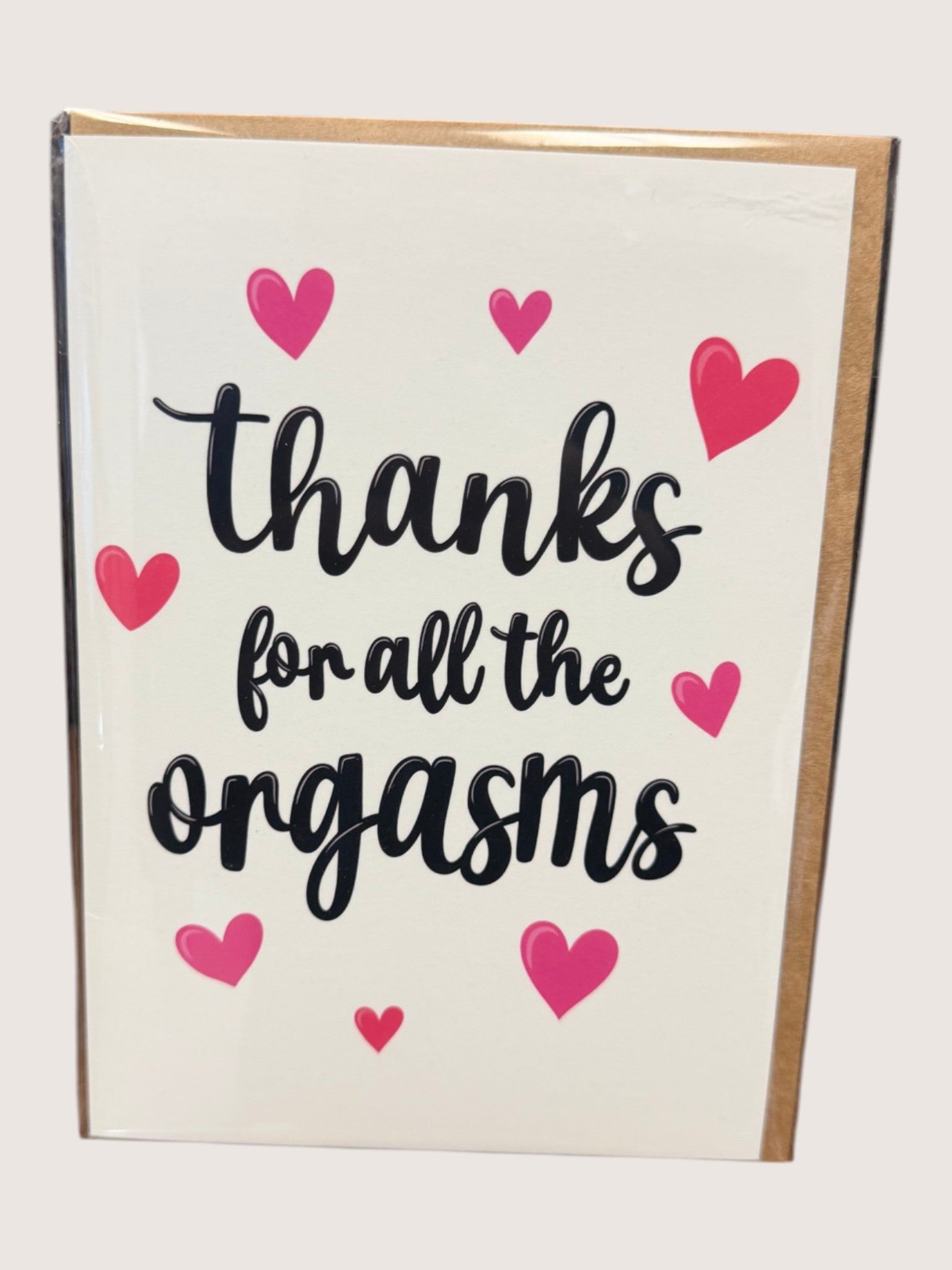 Card with 'Thanks for all the orgasms' text and pink hearts on a white background