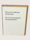 Card with humorous text about grandparents' bedrooms on a white background