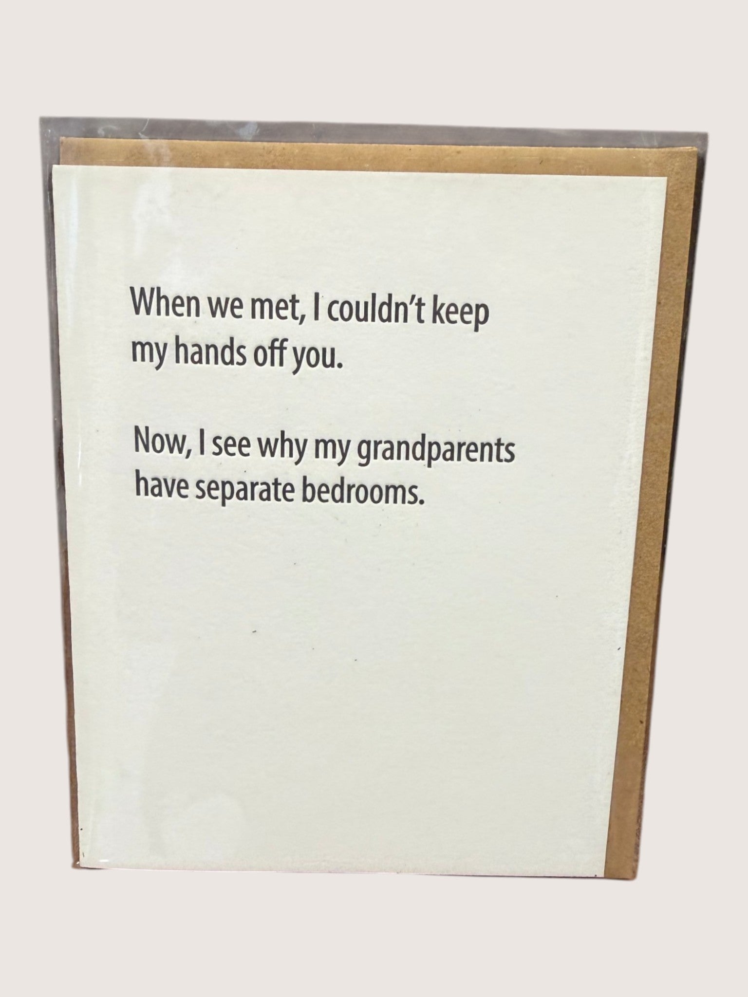 Card with humorous text about grandparents' bedrooms on a white background