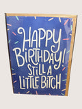 Birthday card with colorful text on a blue background
