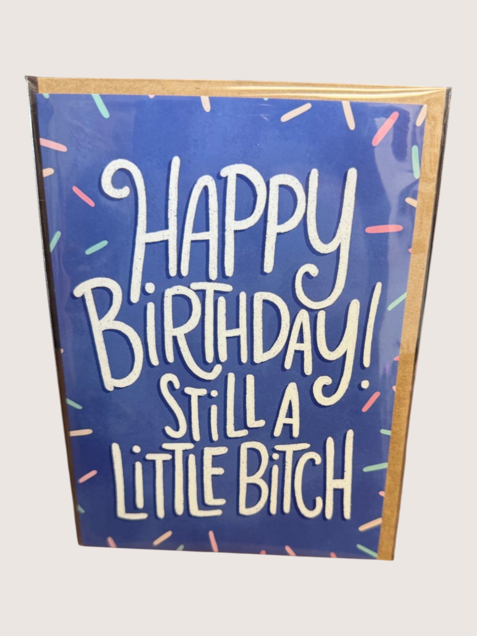 Birthday card with colorful text on a blue background