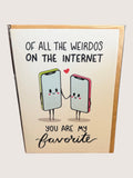 Card with cartoon phones holding hands and text about being a favorite on the internet
