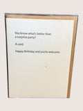 Birthday card with humorous text on a plain background