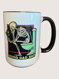 Mug with skeleton design and text on a white background