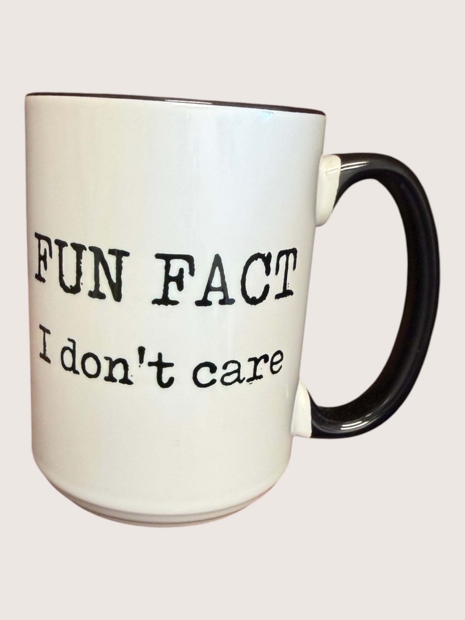 Mug with 'FUN FACT I don't care' text on a white background