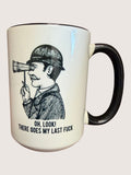 Mug with a graphic of a person with a megaphone and text on a white background