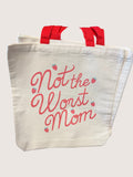 Tote bag with 'Not the Worst Mom' text and red handles on a white background