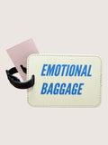 Luggage tag with 'EMOTIONAL BAGGAGE' text on a light background