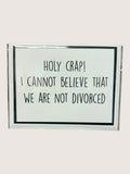 Glass card with humorous text on a white background