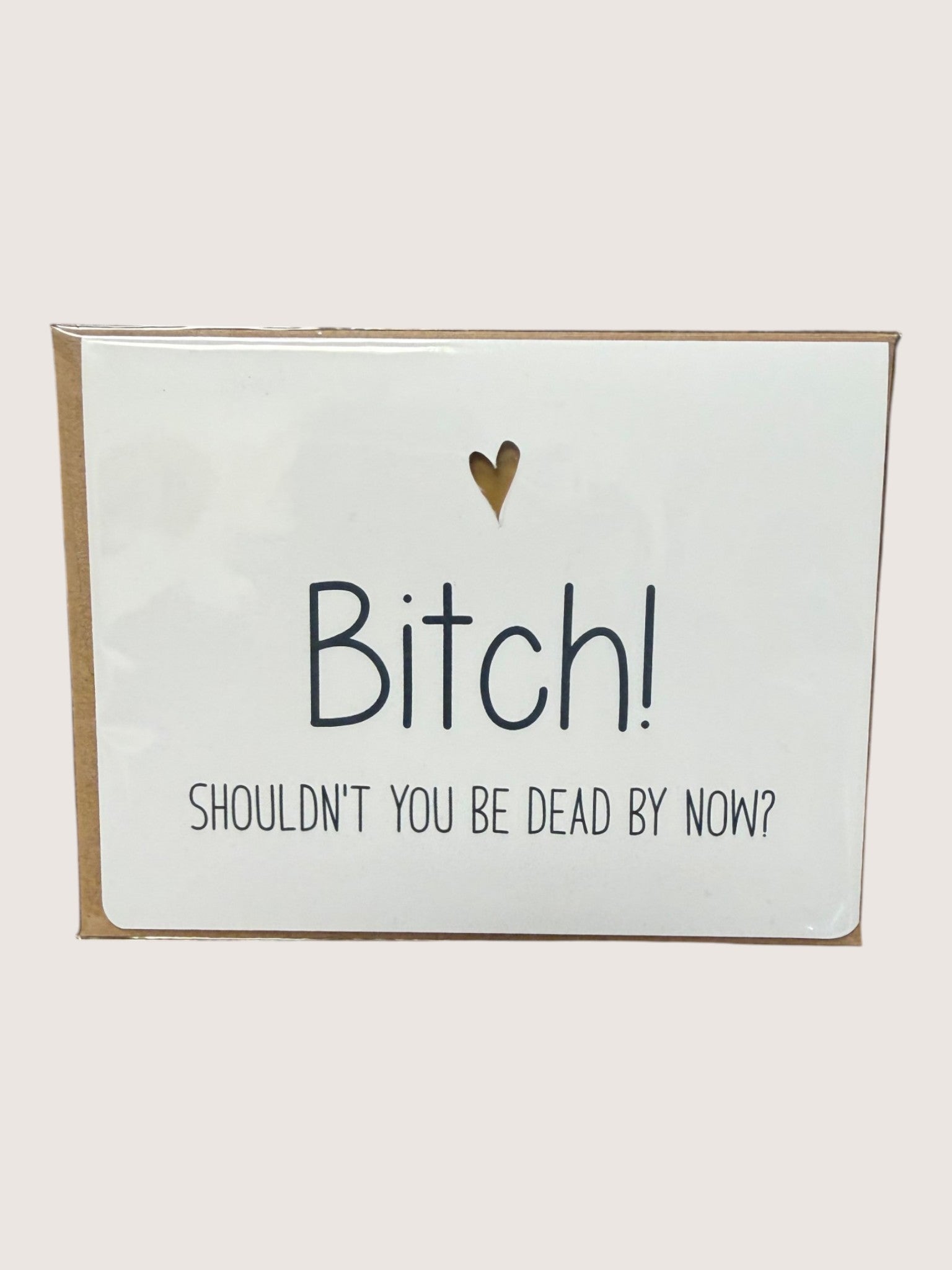 Card with text 'Bitch! Shouldn't you be dead by now?' on a white background