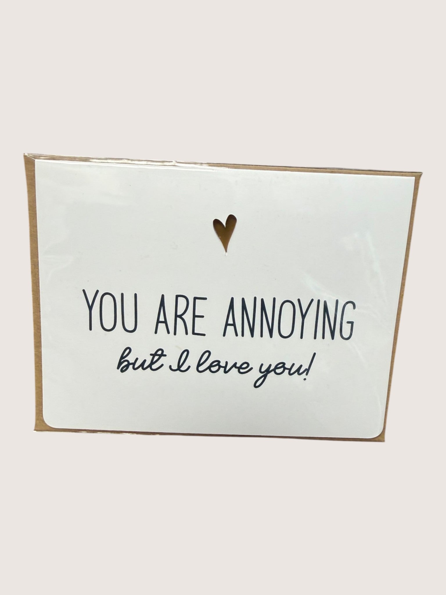 Card with text 'You are annoying but I love you!' and a heart symbol on a white background.