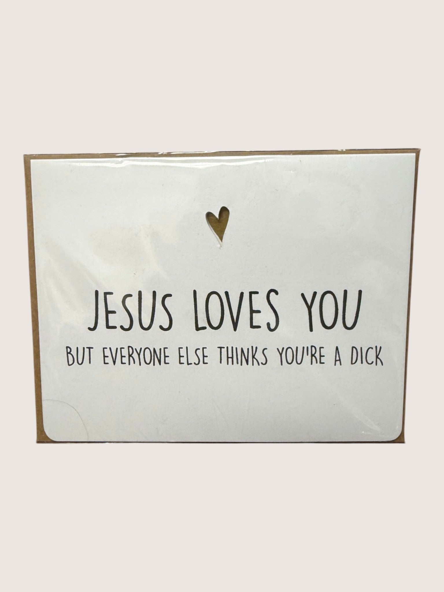 Card with 'Jesus loves you but everyone else thinks you're a dick' text on a white background
