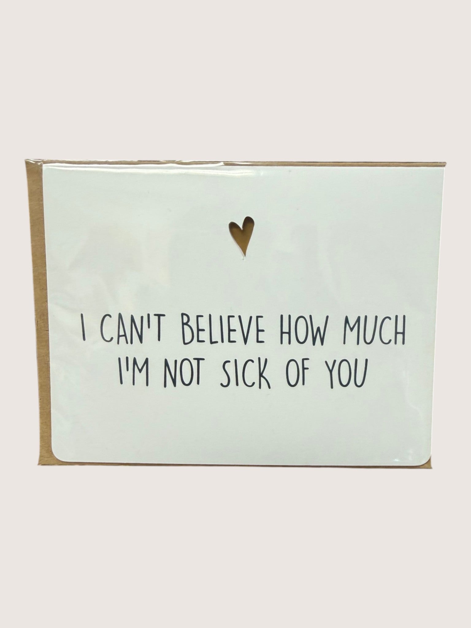 Card with text 'I can't believe how much I'm not sick of you' and a heart symbol on a light green background.