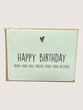 Birthday card with humorous text on a light green background