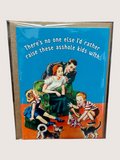 Card with a vintage-style illustration of a family and text on a blue background