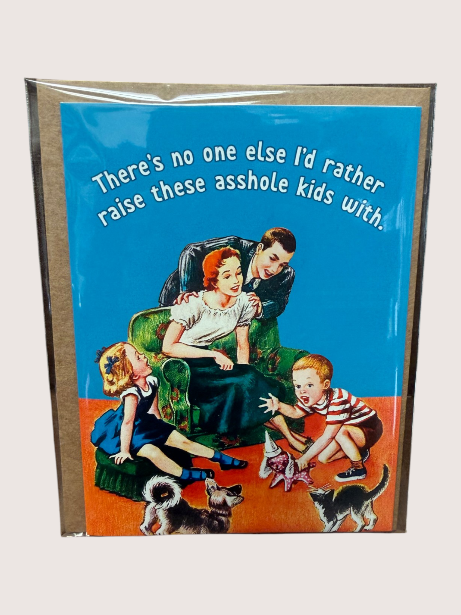 Card with a vintage-style illustration of a family and text on a blue background