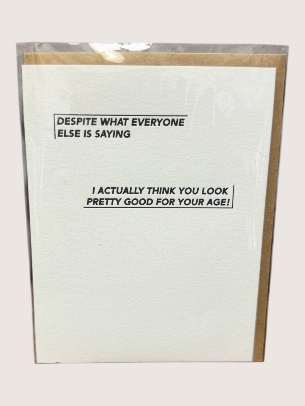 Card with humorous text message on a white background
