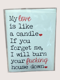 Card with humorous text about love and a candle on a light blue background