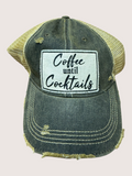 Distressed green cap with 'Coffee until Cocktails' patch on a light gray background