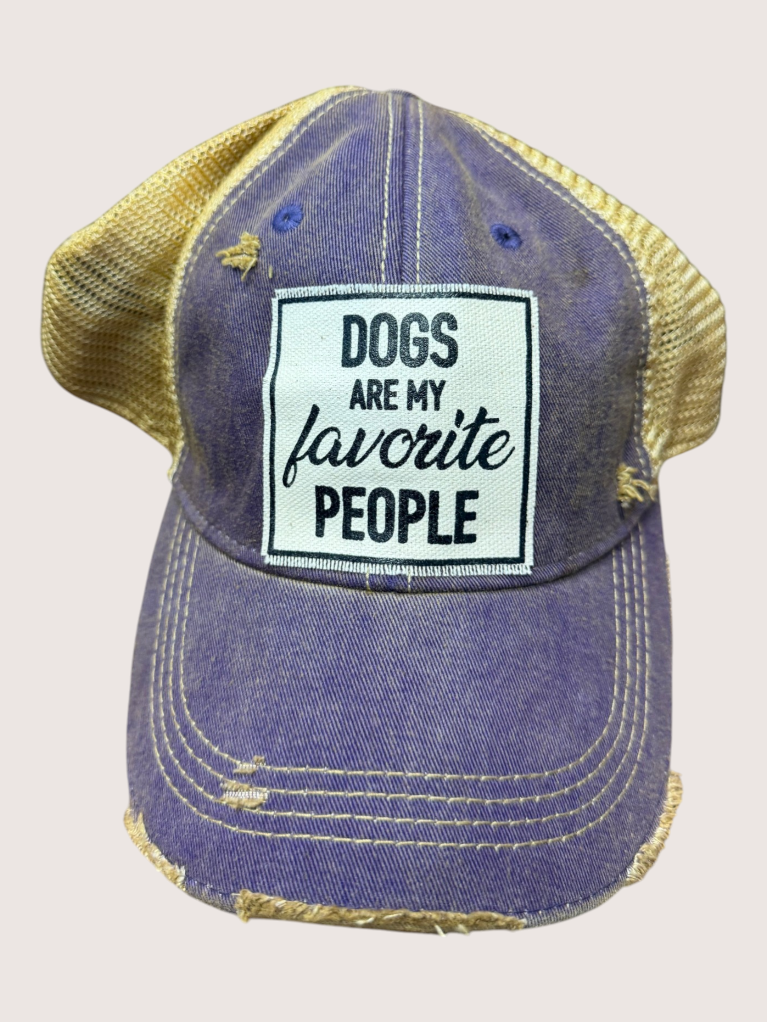 Blue denim cap with yellow mesh back and 'Dogs are my favorite people' patch on a light gray background