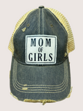 Denim cap with 'Mom of Girls' patch on a light gray background