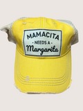 Yellow cap with 'Mamacita Needs a Margarita' text on a light gray background