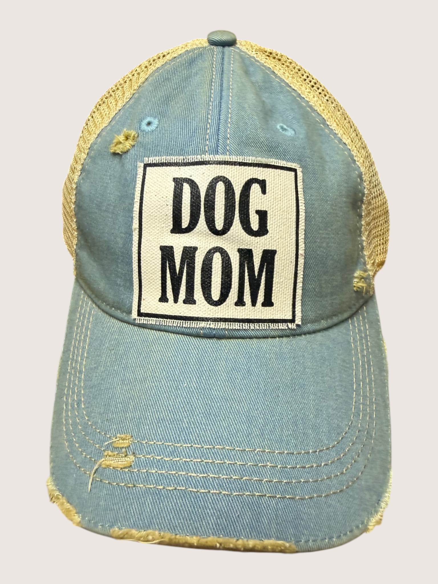 Light blue cap with 'DOG MOM' patch on a light gray background