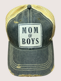 Distressed cap with 'Mom of Boys' text on a beige background