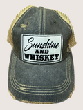 Denim cap with 'Sunshine and Whiskey' patch on a light gray background