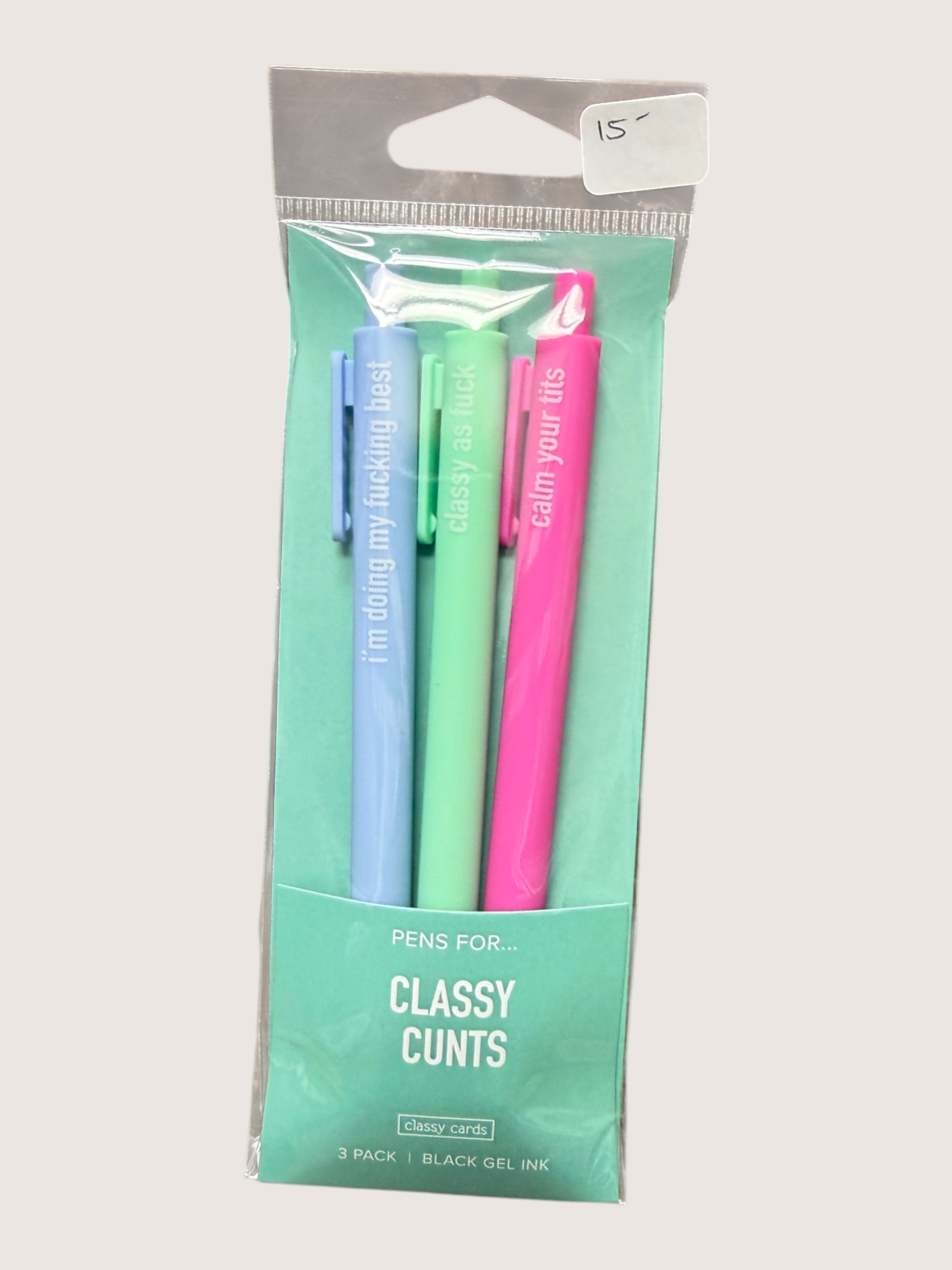 Pack of pens with a humorous message on the packaging