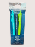 Pack of pens with humorous text in packaging on a white background