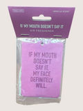 Pink air freshener with humorous text on a white background