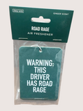 Road Rage air freshener packaging with text on a white background