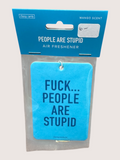 Blue air freshener with text and packaging on a light gray background