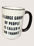 White mug with black text and handle on a light gray background