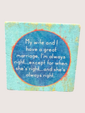Textual coaster with humorous quote on a blue circular background