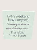 coaster Text on a light green background with a pink background