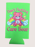 Green can cooler with a pink Care Bear graphic and text on a white background