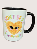 Mug with a waffle design and text on a light background