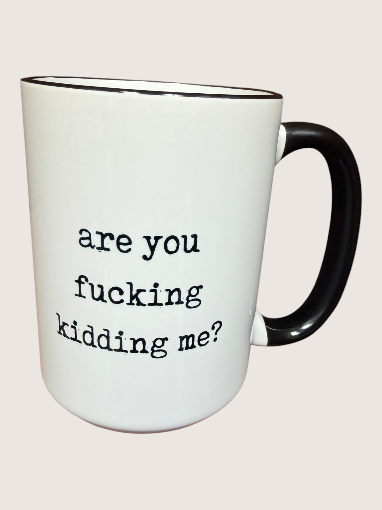 White mug with black text 'are you fucking kidding me?' on a white background