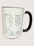 White mug with black handle featuring a stick figure and text on a light pink background