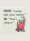 coaster Cartoon illustration of a pink drink with fruit and text about a juice cleanse and sangria.